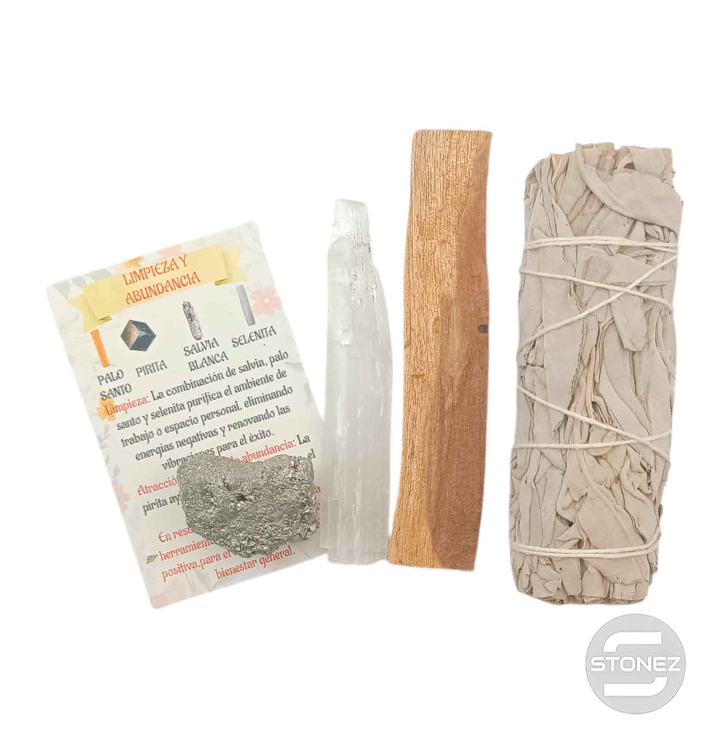 Kit Limpieza Y Abundancia :Atado Salvia , Palo Santo, Selenita y Pirita