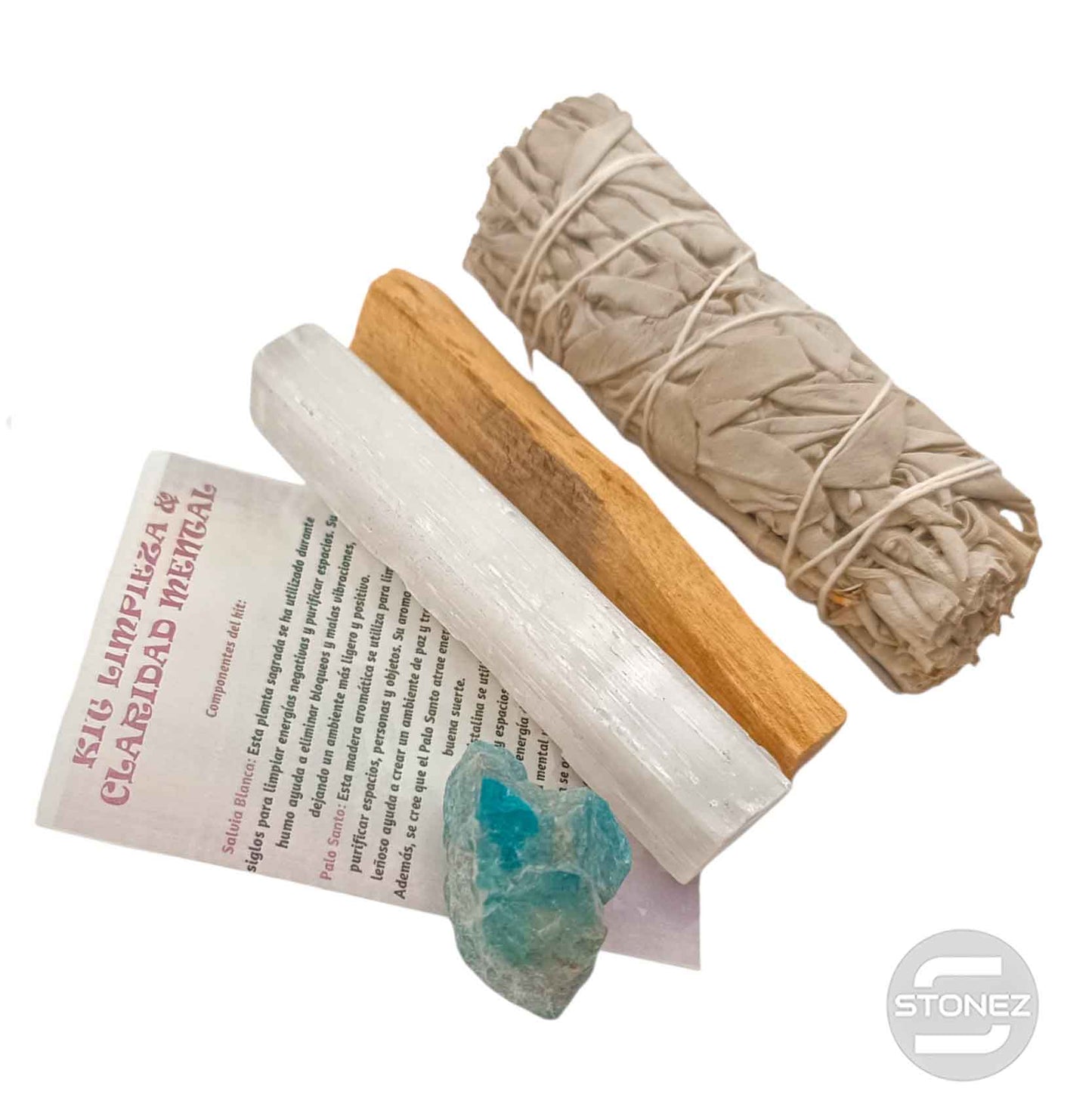 Kit Limpieza Claridad Mental :Atado Salvia , Palo Santo, Selenita y Apatita
