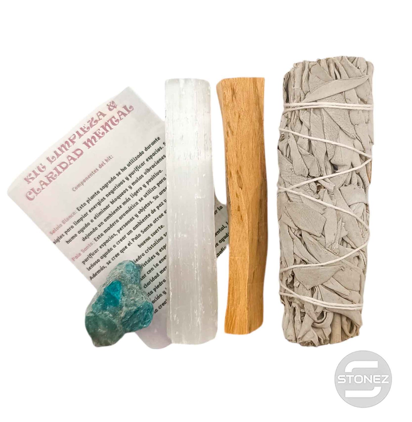 Kit Limpieza Claridad Mental :Atado Salvia , Palo Santo, Selenita y Apatita