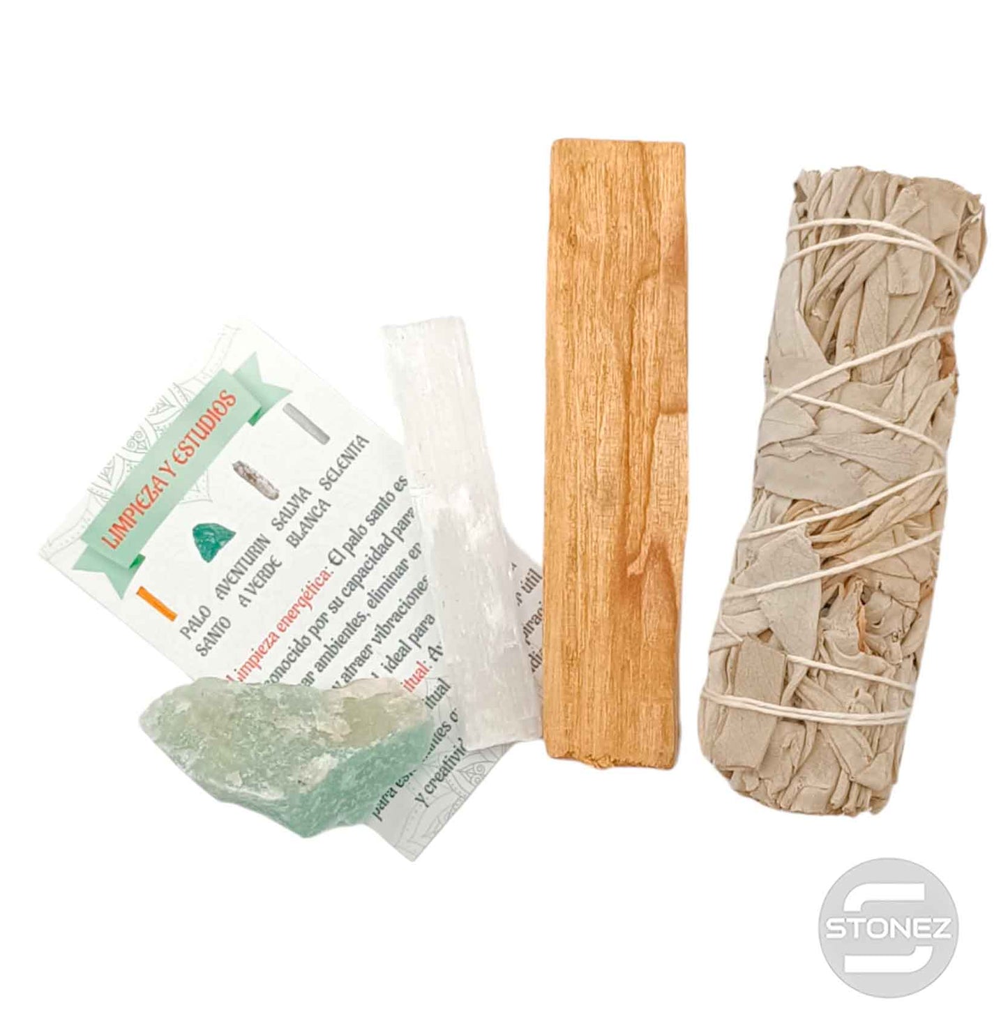 Kit Limpieza Y Estudios :Atado Salvia , Palo Santo, Selenita y Aventurina