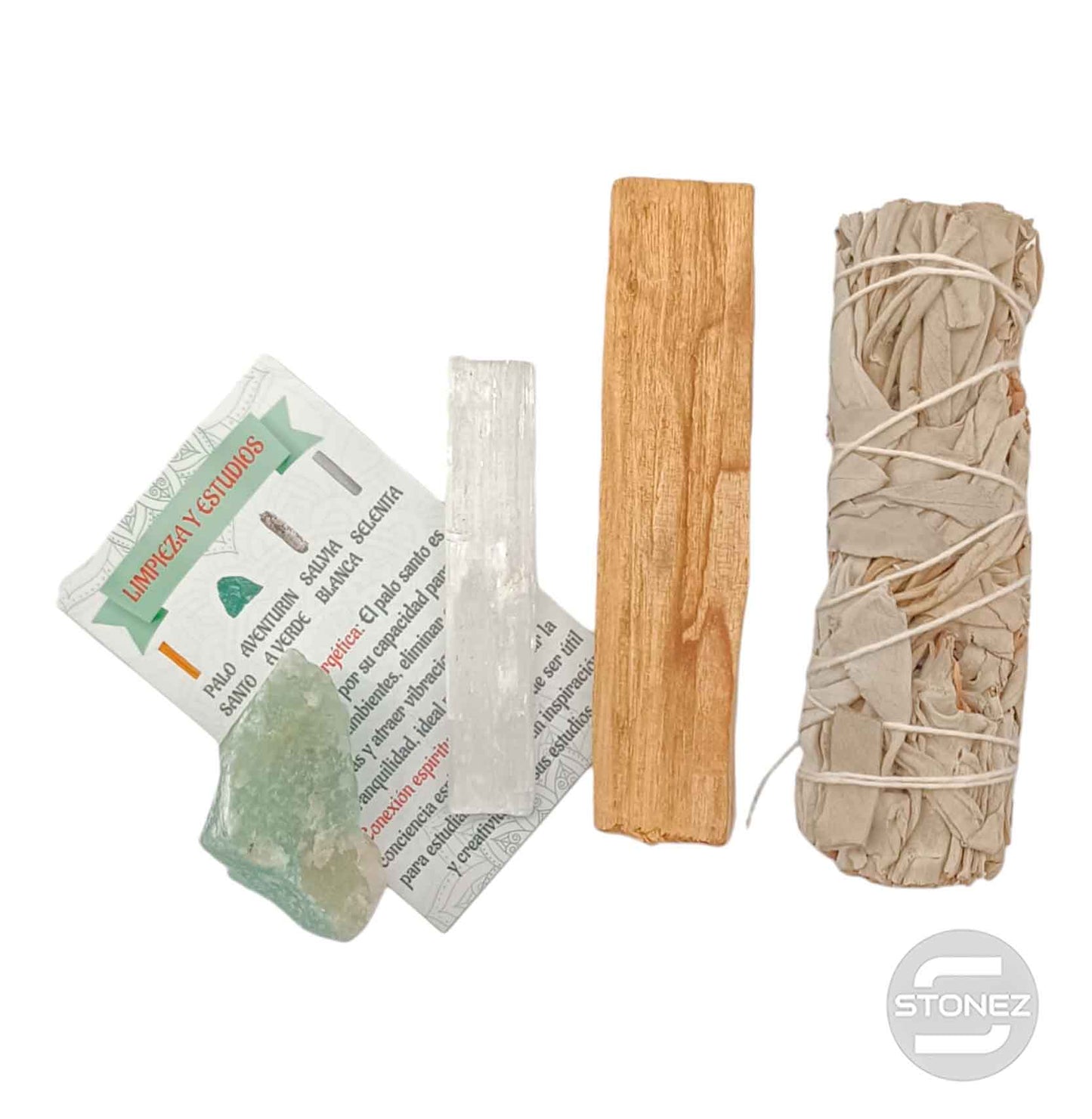 Kit Limpieza Y Estudios :Atado Salvia , Palo Santo, Selenita y Aventurina