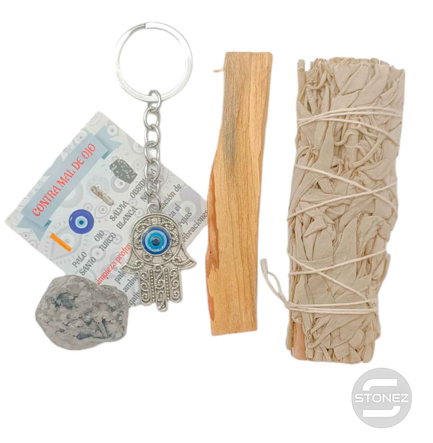 Kit Limpieza Y Contra Mal De Ojo :Atado Salvia , Palo Santo, Llavero Ojo Turco y Obsidiana Nevada