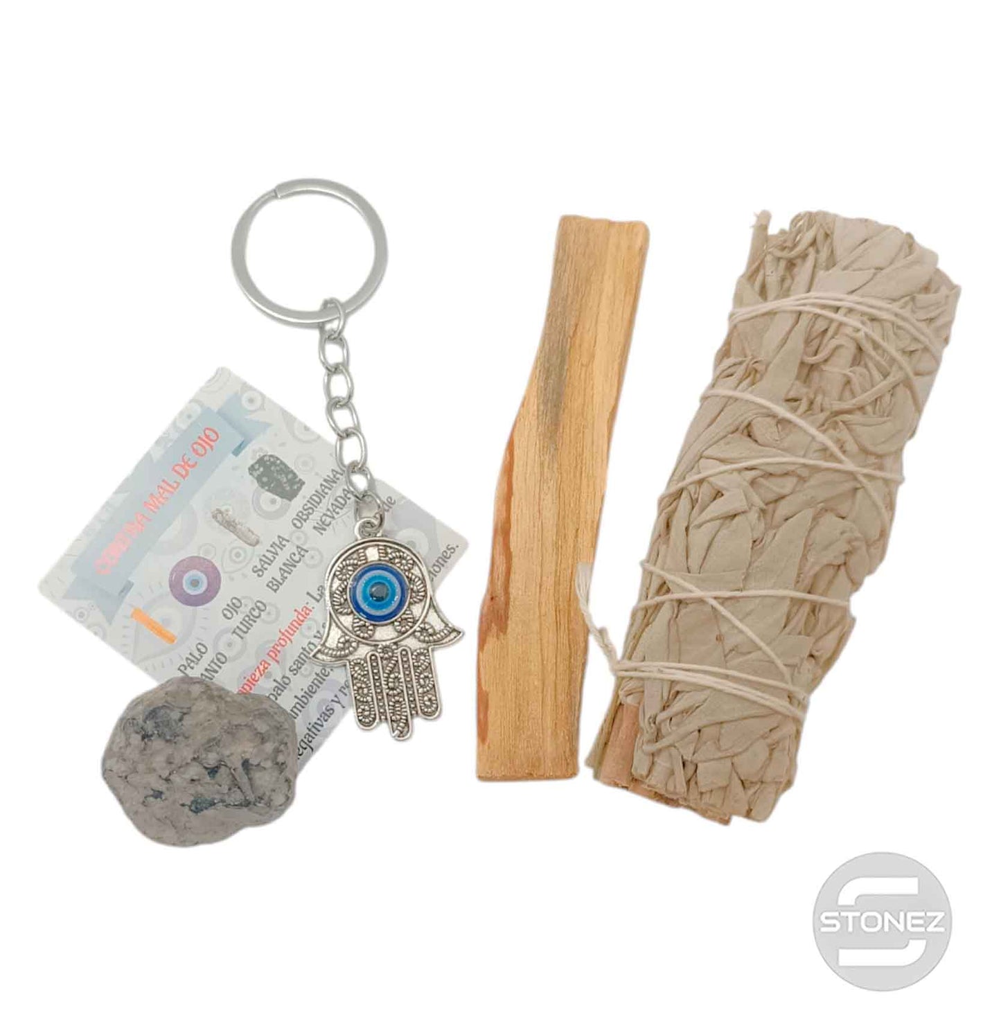 Kit Limpieza Y Contra Mal De Ojo :Atado Salvia , Palo Santo, Llavero Ojo Turco y Obsidiana Nevada