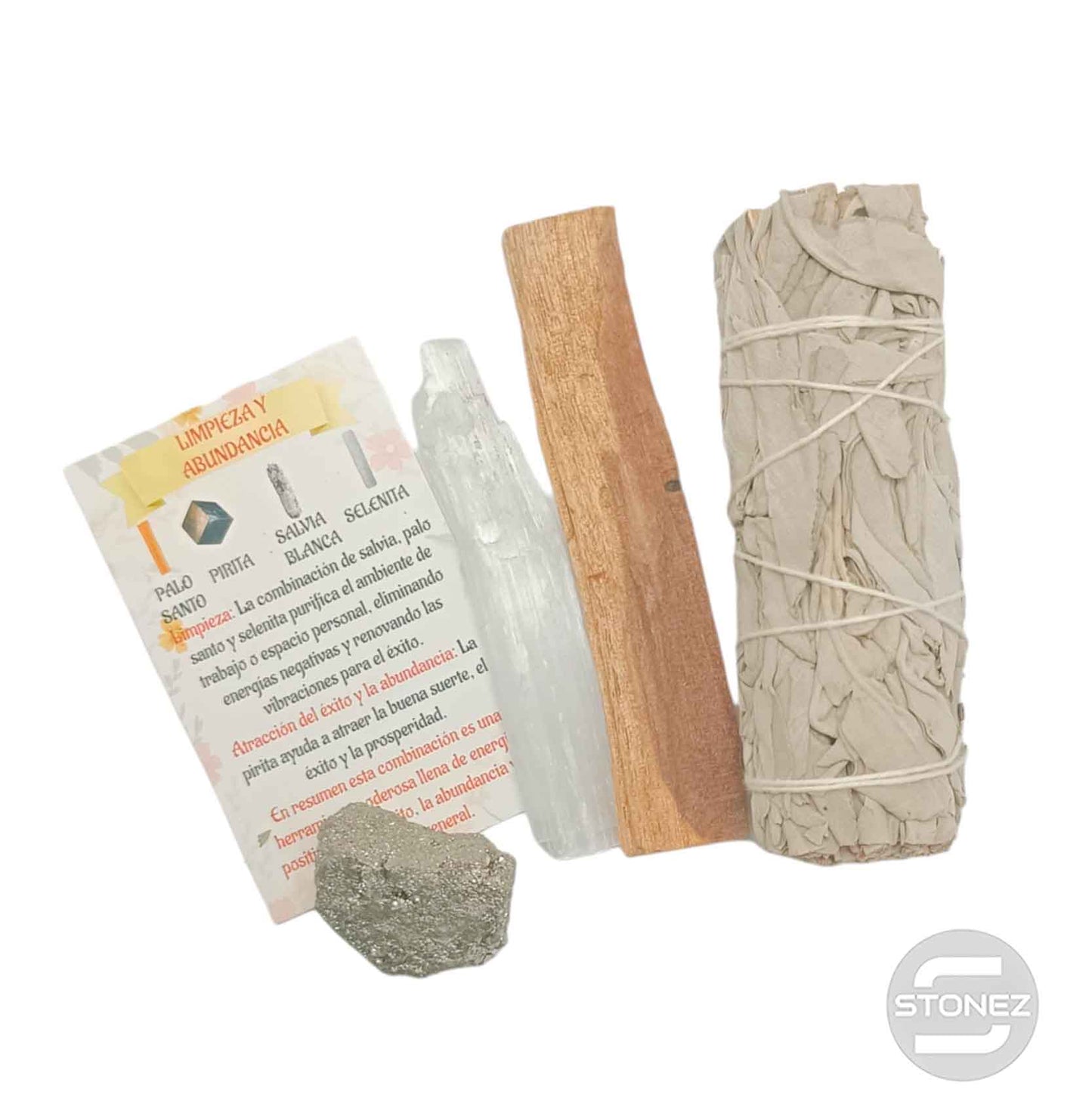 Kit Limpieza Y Abundancia :Atado Salvia , Palo Santo, Selenita y Pirita