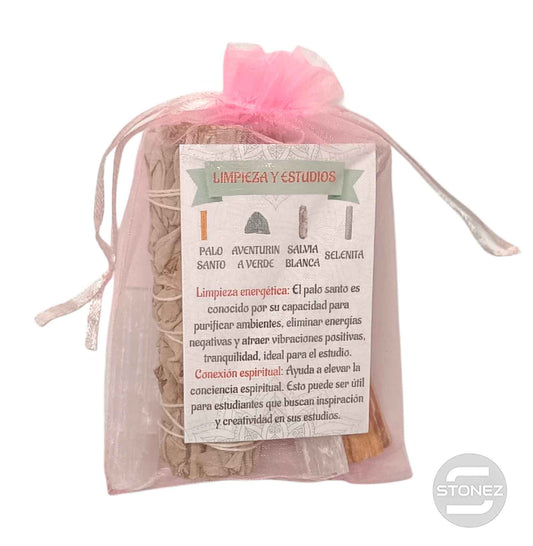 Kit Limpieza Y Estudios :Atado Salvia , Palo Santo, Selenita y Aventurina
