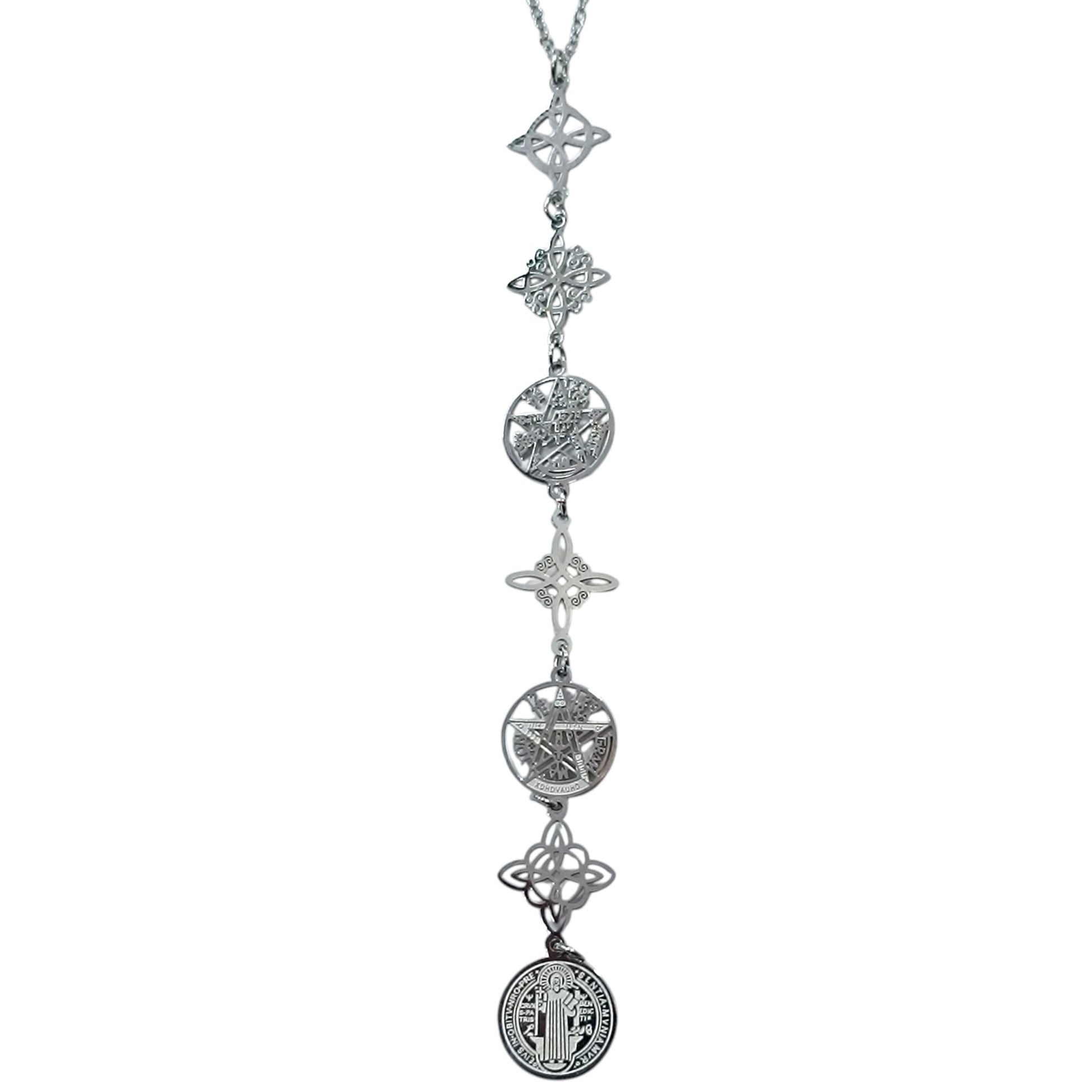 Collar Acero Simbolos Nudo De Bruja Tetragramaton Y san Benito 11 Cms Cadena 40+5 Cms 400503423-07