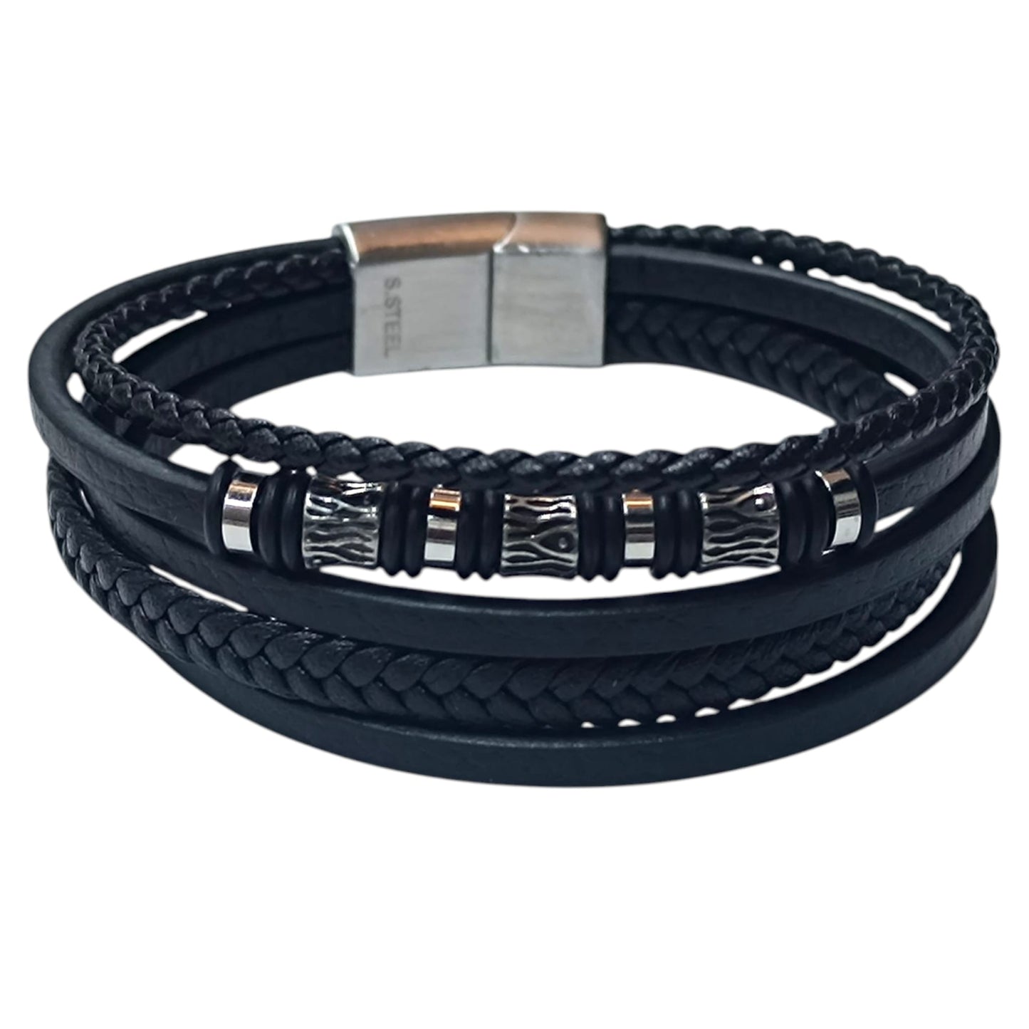 Pulsera Acero Y Cuero Negro Largo 22 Cms Aprox 401104257-013
