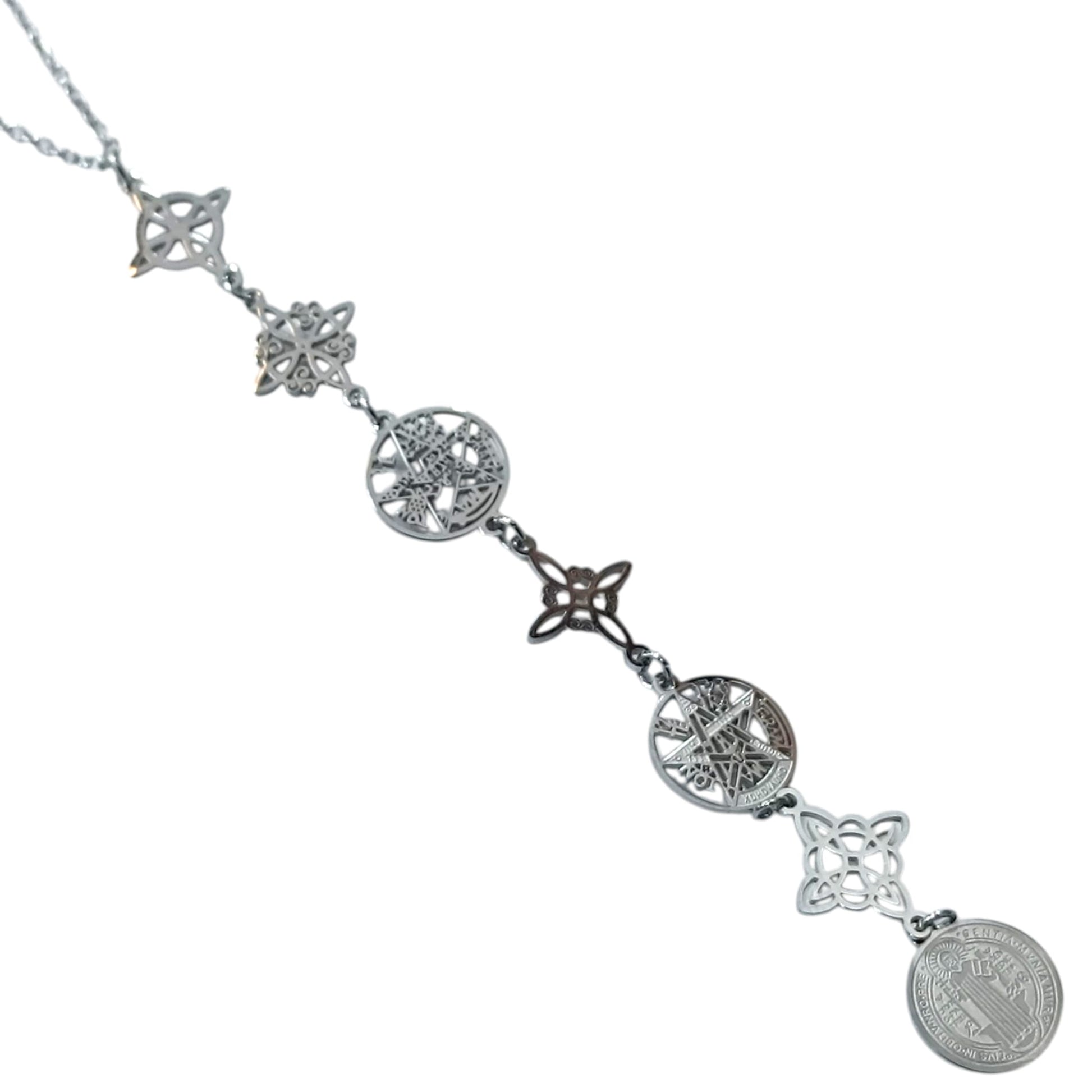 Collar Acero Simbolos Nudo De Bruja Tetragramaton Y san Benito 11 Cms Cadena 40+5 Cms 400503423-07