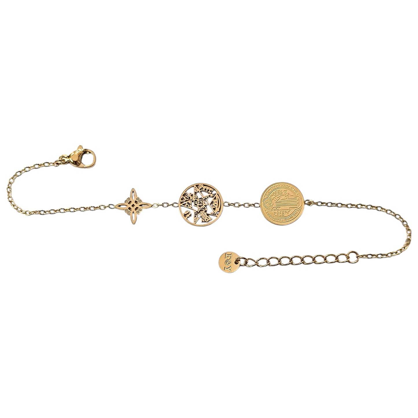 Pulsera Acero Dorado Triple Proteccion Con Dije Nudo De Bruja Tetragramaton Y San Benito