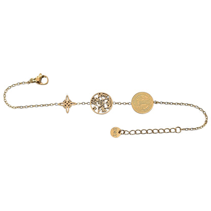 Pulsera Acero Dorado Triple Proteccion Con Dije Nudo De Bruja Tetragramaton Y San Benito