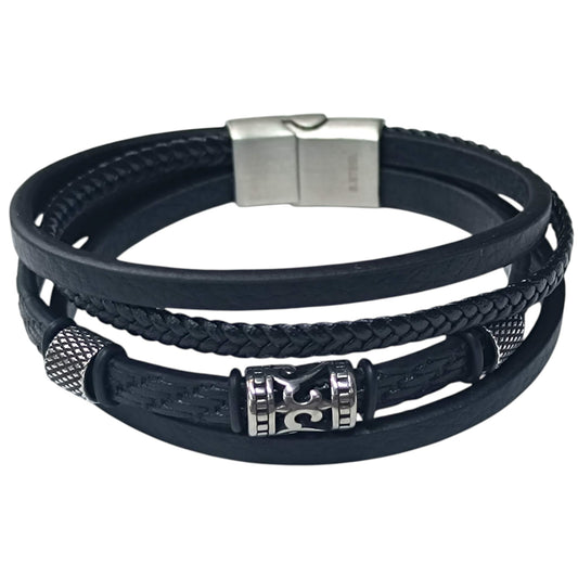 Pulsera Acero Y Cuero Negro Largo 22 Cms Aprox 401104257-27