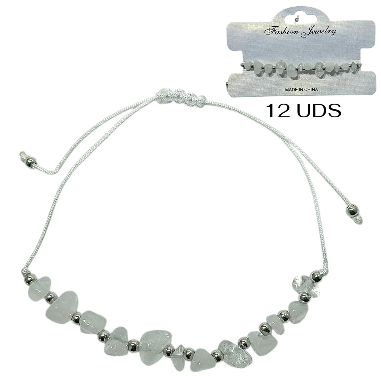 Paquete 12 Pulseras Hilo Con Piedra Cuarzo Blanco Chips Y Bolas Acero