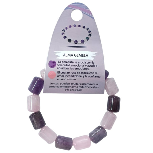 Pulsera Alma Gemela Combinando Piedra Natural Amatista Y Cuarzo Rosa 10 x 13 mm