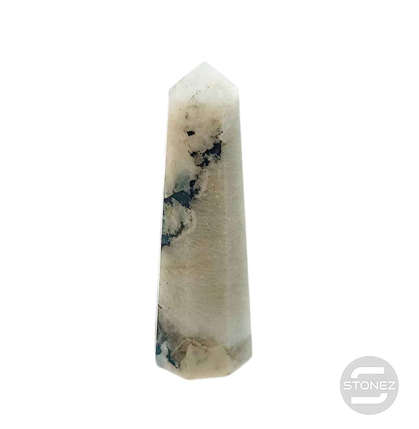 1114 Obelisco De 8,5 cm Aprox Piedra Luna Con Turmalina 0.90 gramos PC N13