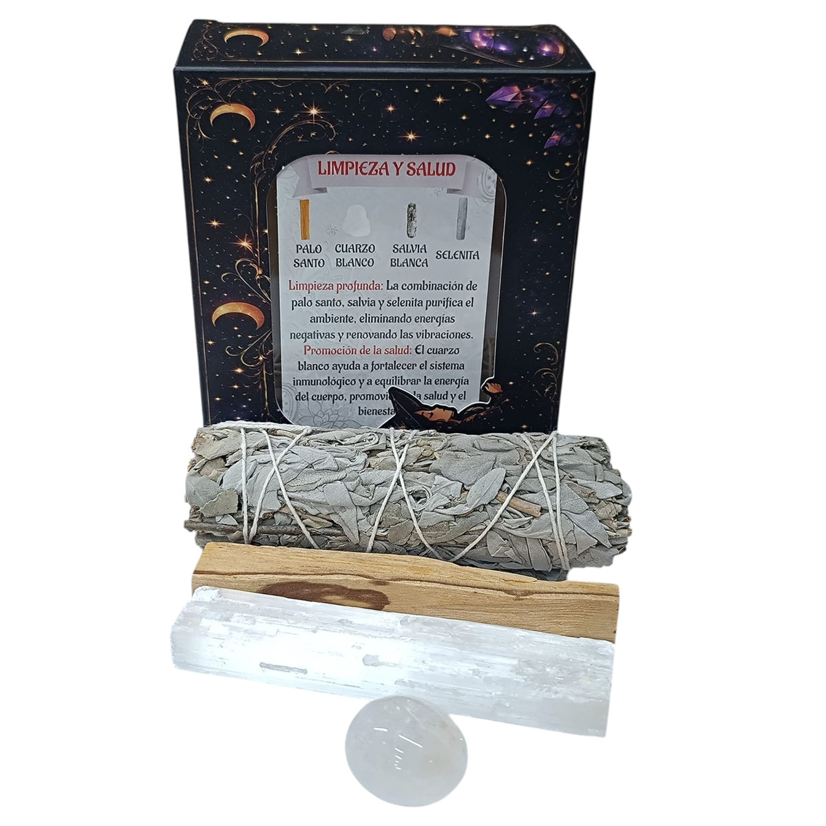 Kit Limpieza Y Salud :Atado Salvia , Palo Santo, Selenita y Cuarzo Blanco 200002979