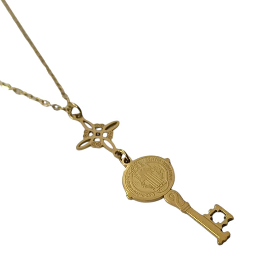 Collar Acero Dorado Nudo Bruja Y Llave San Benito Doble Proteccion Cadena 40+5 Cms 4005034320-06