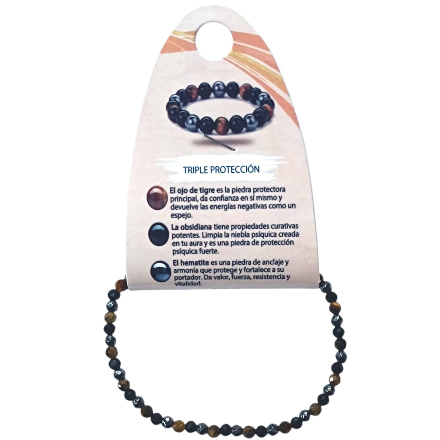 Pulsera Combinada Triple Proteccion Piedra Ojo Tigre Hematite Obsidiana 3 mm Facetada REF: 70229