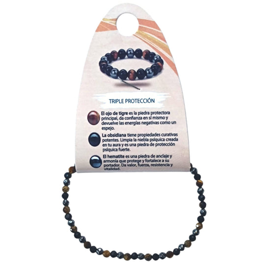Pulsera Combinada Triple Proteccion Piedra Ojo Tigre Hematite Obsidiana 3 mm Facetada REF: 70229