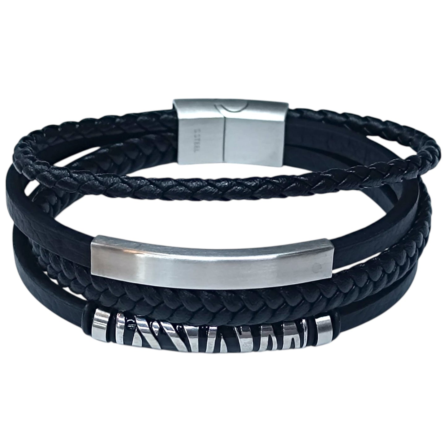 Pulsera Acero Y Cuero Negro Largo 22 Cms Aprox 401104257-25