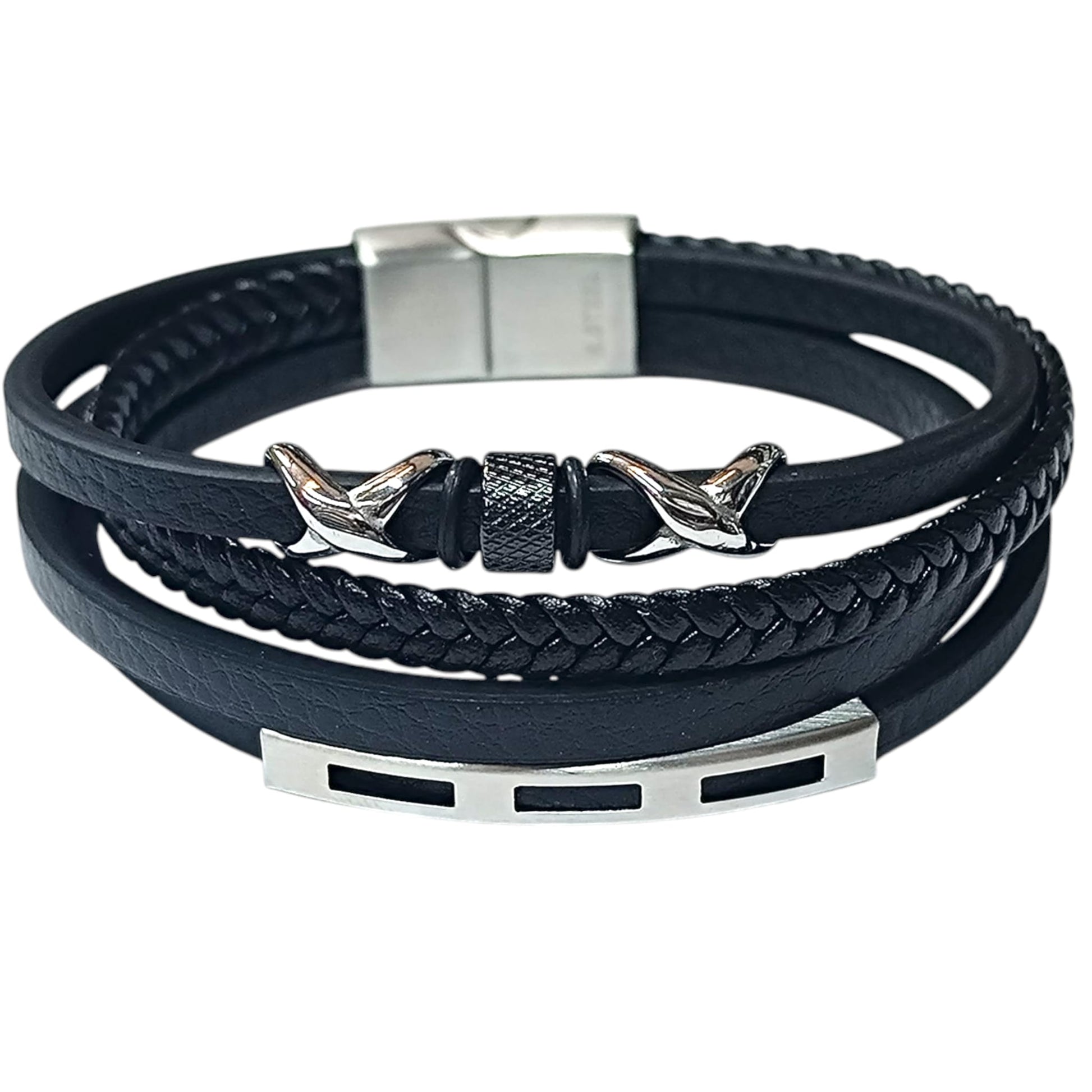 Pulsera Acero Y Cuero Negro Largo 22 Cms Aprox 401104257-29