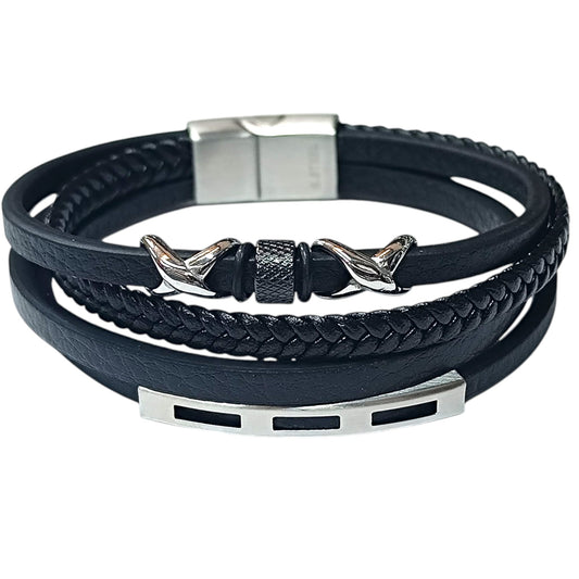 Pulsera Acero Y Cuero Negro Largo 22 Cms Aprox 401104257-29