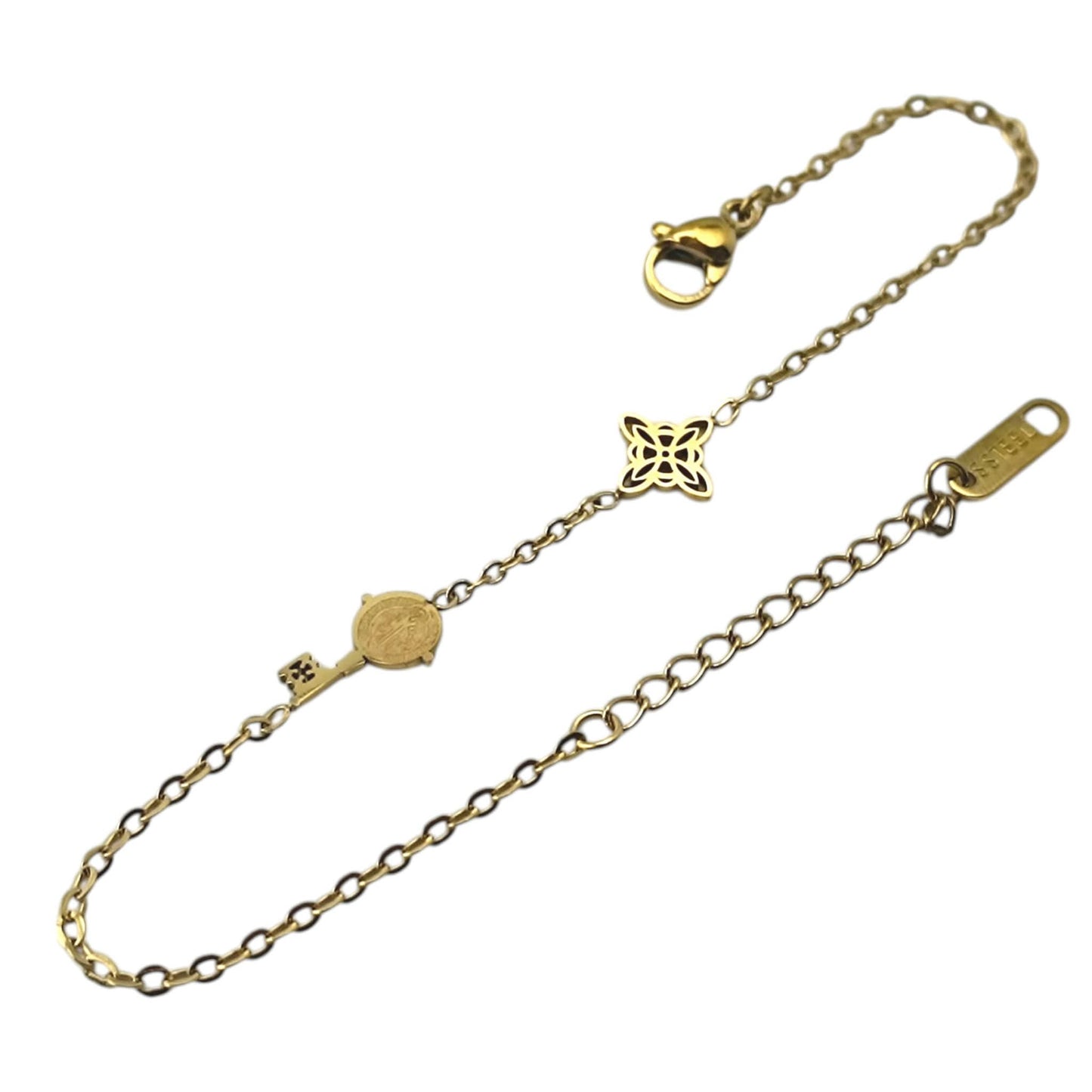 Pulsera Acero Dorado Doble Proteccion Con Dije Nudo De Bruja Y Llave San Benito Largo 18cms Aprox Ref: 600104455