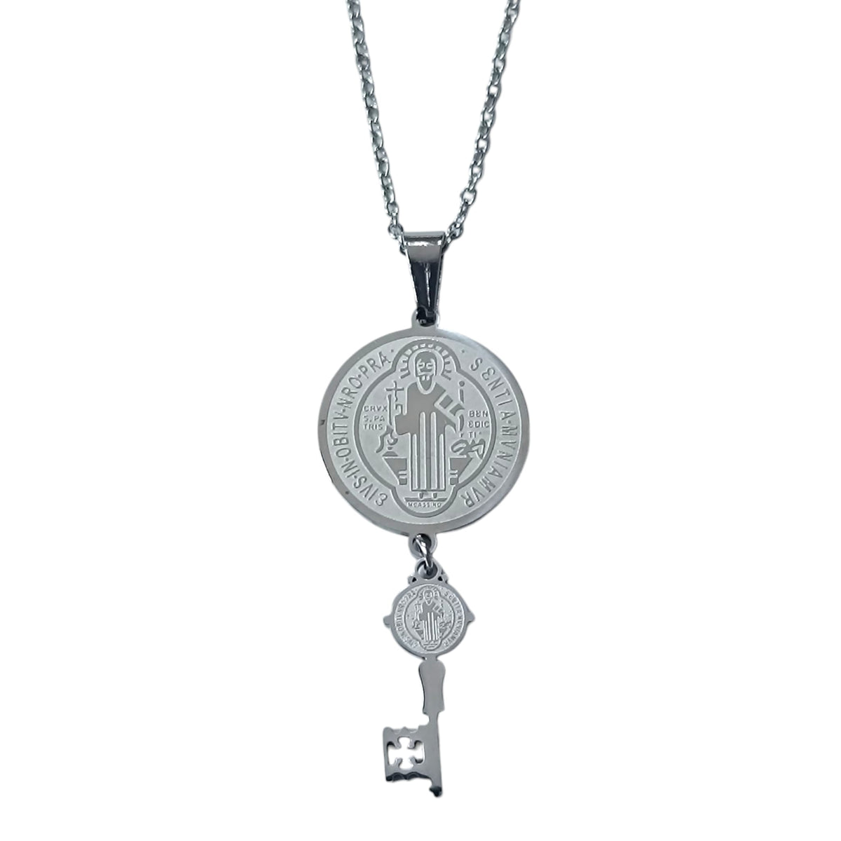 Collar Acero Doble Proteccion Medalla San Benito - Llave San Benito 45 mm Largo Cadena 42+5 Cms REF: 600104410