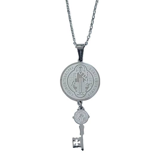 Collar Acero Doble Proteccion Medalla San Benito - Llave San Benito 45 mm Largo Cadena 42+5 Cms REF: 600104410