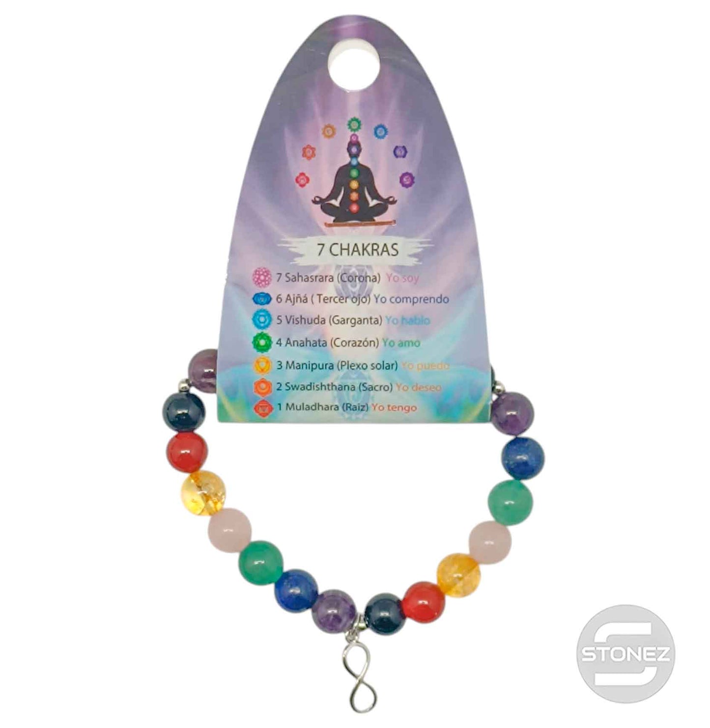 200002941-03 Pulsera 7 Chakras Con Dije Infinito De Plata 925 Bola 8 mm