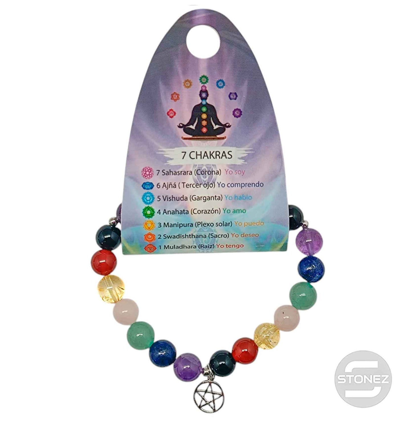 200002941-07 Pulsera 7 Chakras Con Dije Pentagrama De Plata 925 Bola 8 mm