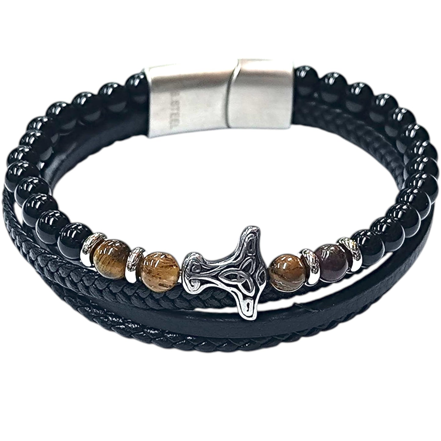 Pulsera Acero Y Piedra Natural Cuero Negro Largo 22 Cms Aprox 401104257-009