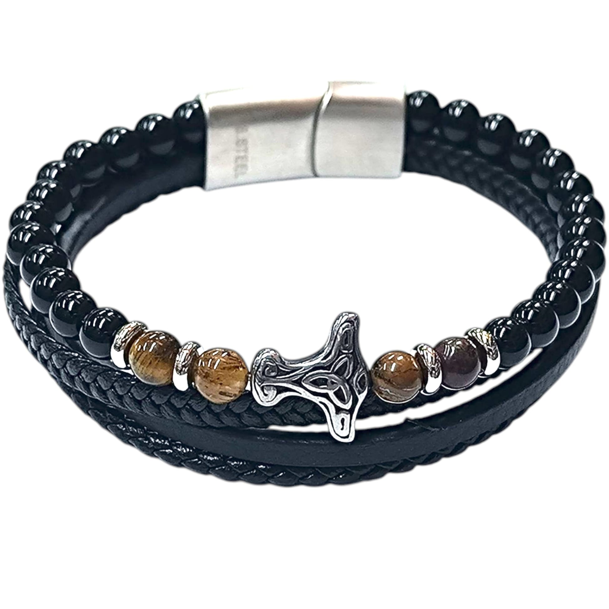 Pulsera Acero Y Piedra Natural Cuero Negro Largo 22 Cms Aprox 401104257-009