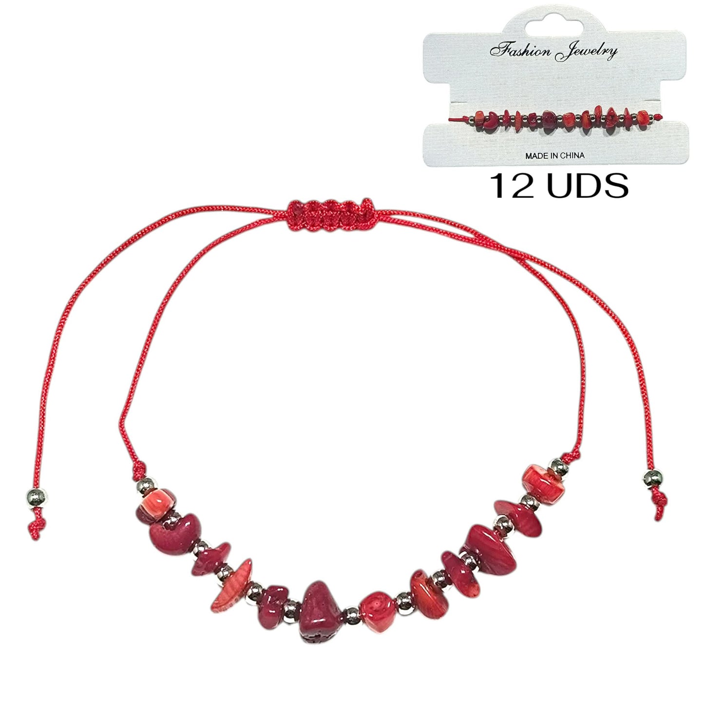 Paquete 12 Pulseras Hilo Con Piedra Coral Sintetico Chips Y Bolas Acero