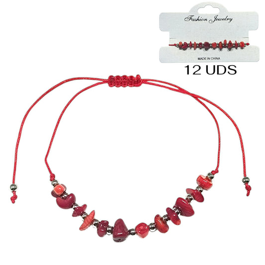 Paquete 12 Pulseras Hilo Con Piedra Coral Sintetico Chips Y Bolas Acero