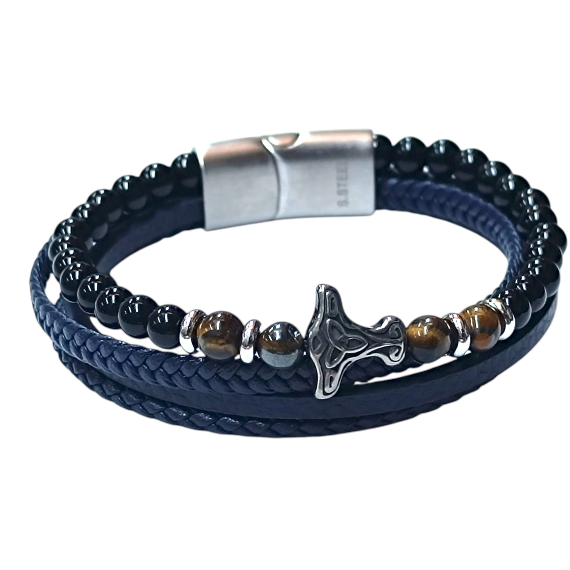 Pulsera Acero Y Piedra Natural Cuero Azul Largo 22 Cms Aprox 401104257-010