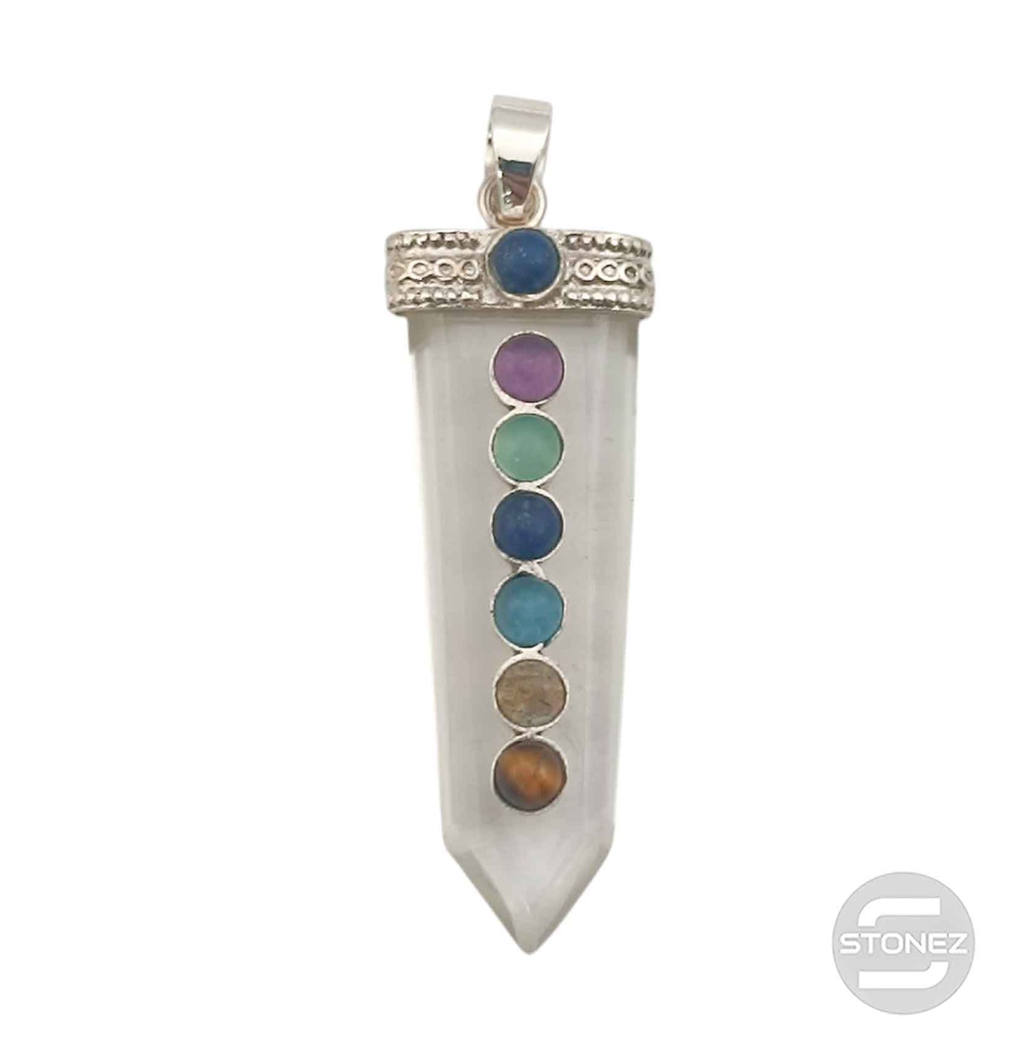 23787 Colgante Cuarzo Blanco Plata 925 Con Piedra 7 Chakras 40 mm Aprox