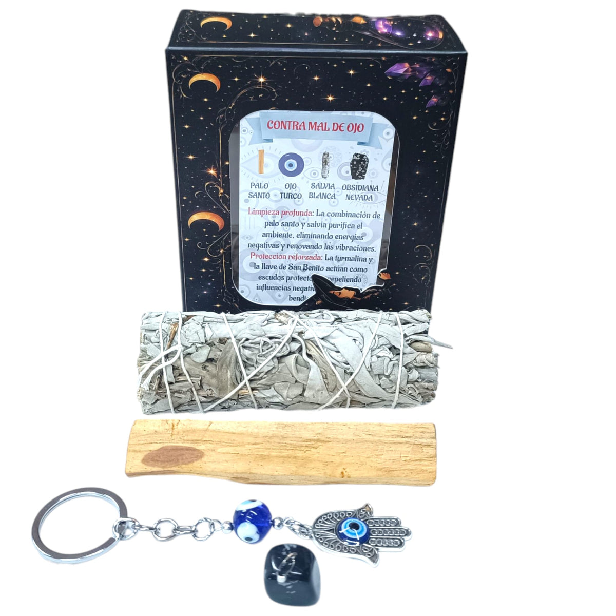 Kit Limpieza Contra Mal De Ojo :Atado Salvia , Llavero Ojo Turco ,Palo Santo, Colgante Obsidiana Nevada 200002978