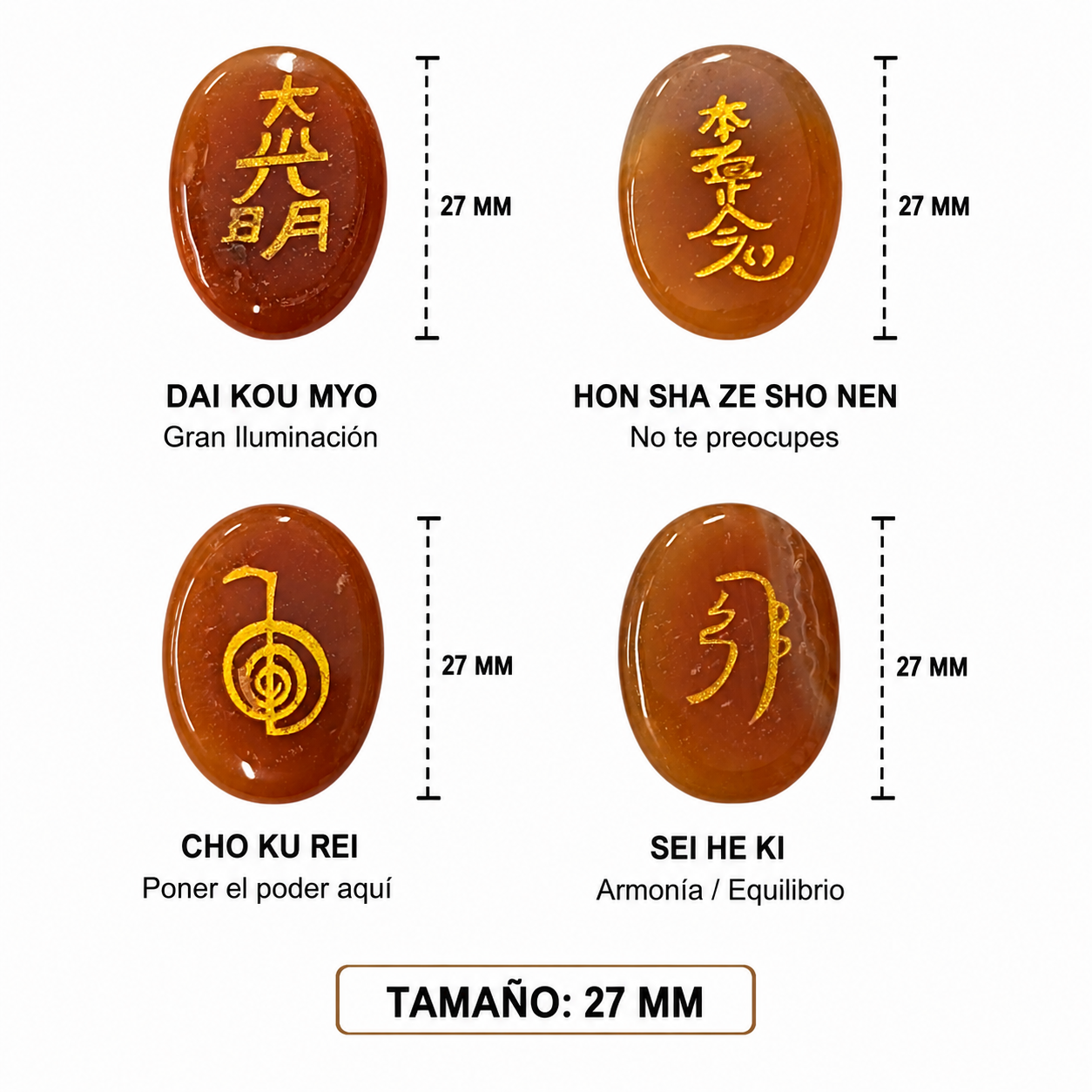 Kit Juego Piedra Natural Carneola con los 4 simbolos de Reiki 4 Pcs Ref:37986-07