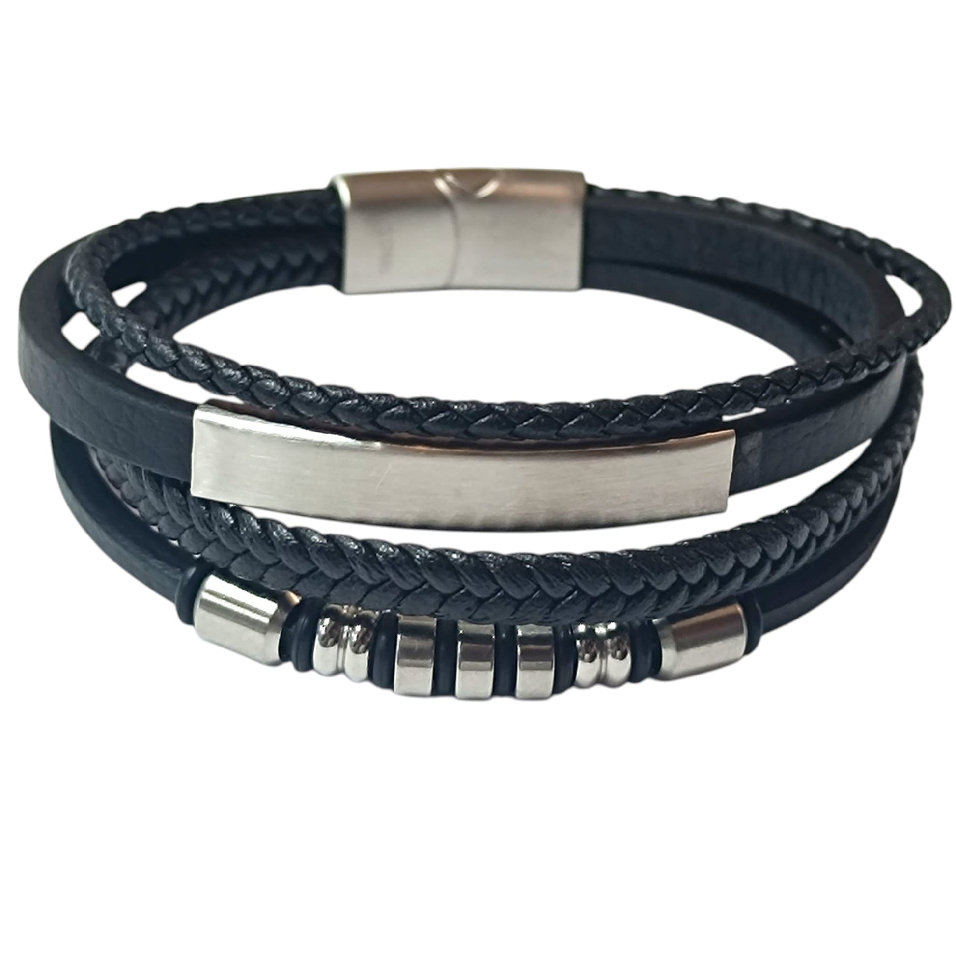 Pulsera Acero Y Cuero Negro Largo 22 Cms Aprox 401104257-23