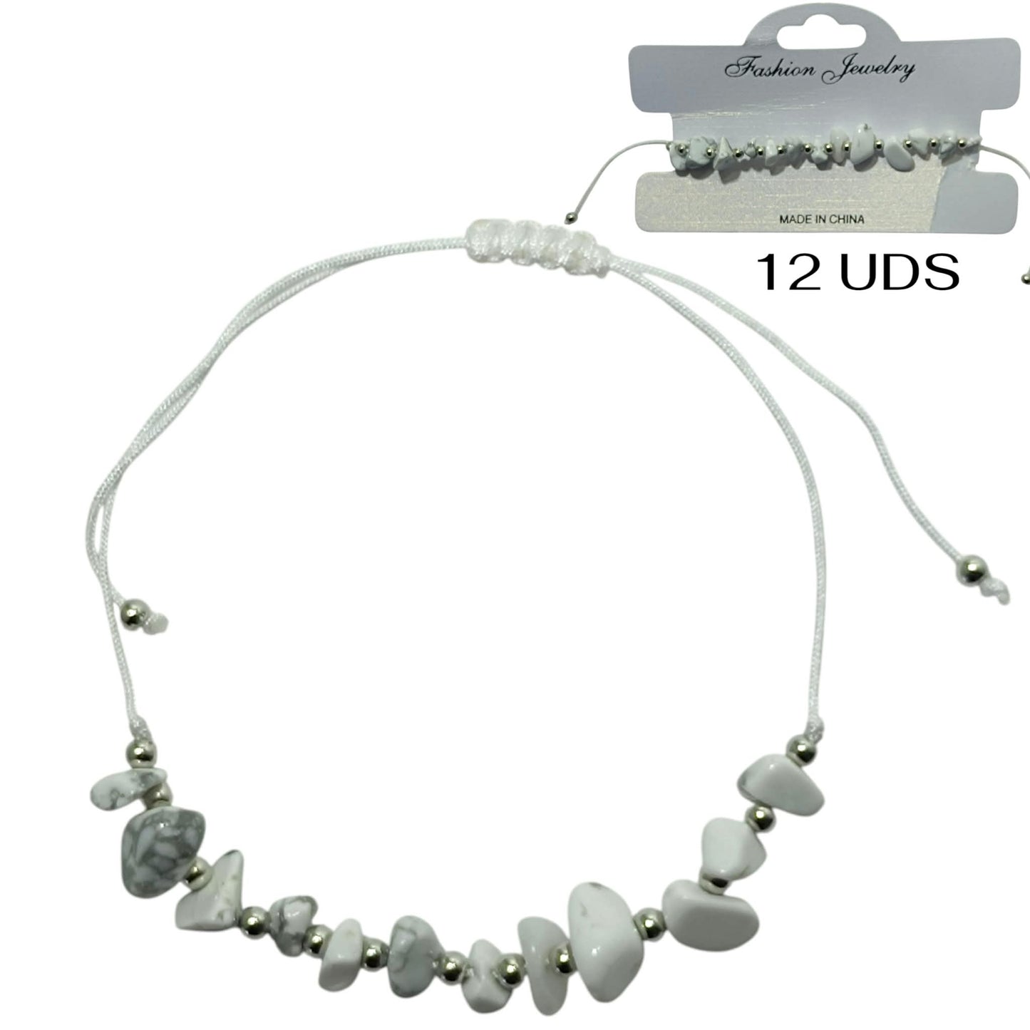 Paquete 12 Pulseras Hilo Con Piedra Howlite Chips Y Bolas Acero