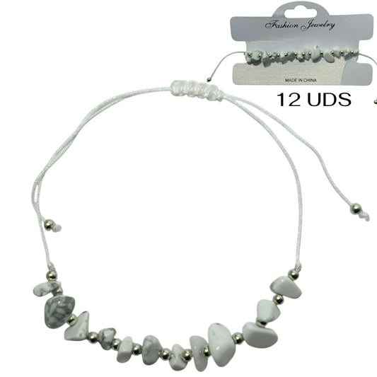 Paquete 12 Pulseras Hilo Con Piedra Howlite Chips Y Bolas Acero