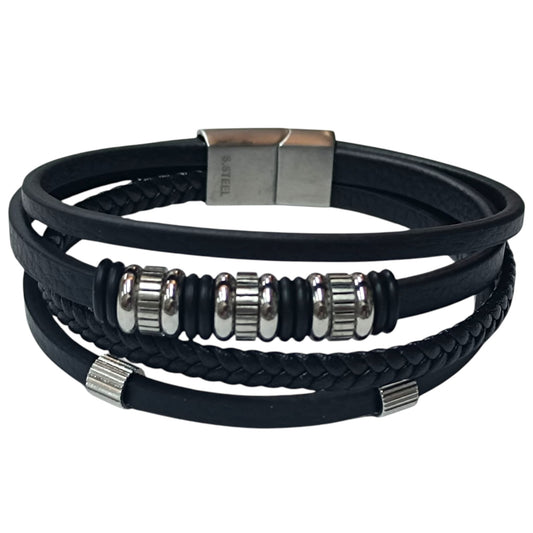 Pulsera Acero Y Cuero Negro Largo 22 Cms Aprox 401104257-005