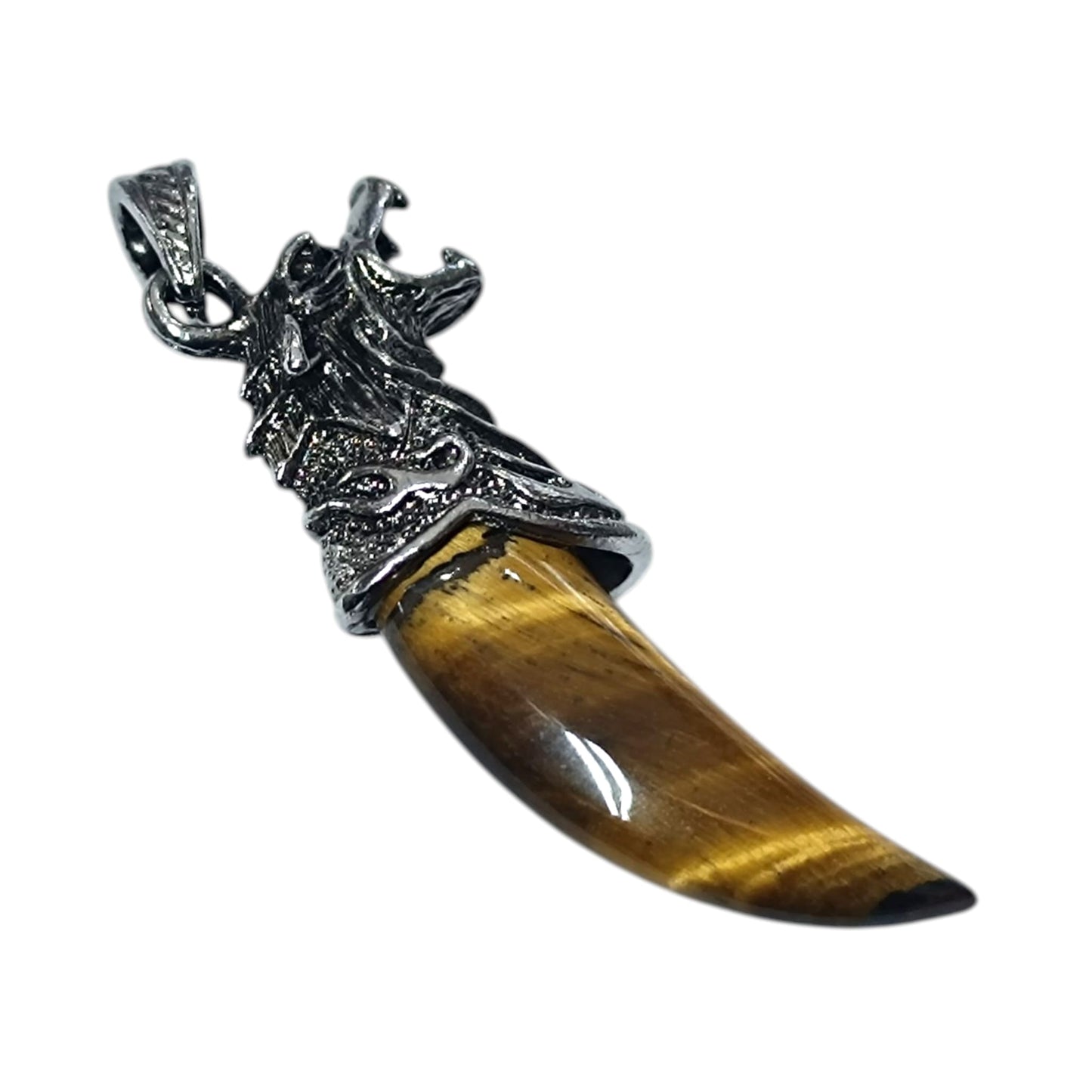 Colgante Colmillo Lobo En Metal Con Piedra Natural Ojo de Tigre 7 Cms Aprox 600102235-09