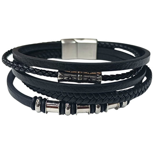 Pulsera Acero Y Cuero Negro Largo 22 Cms Aprox 401104257-43