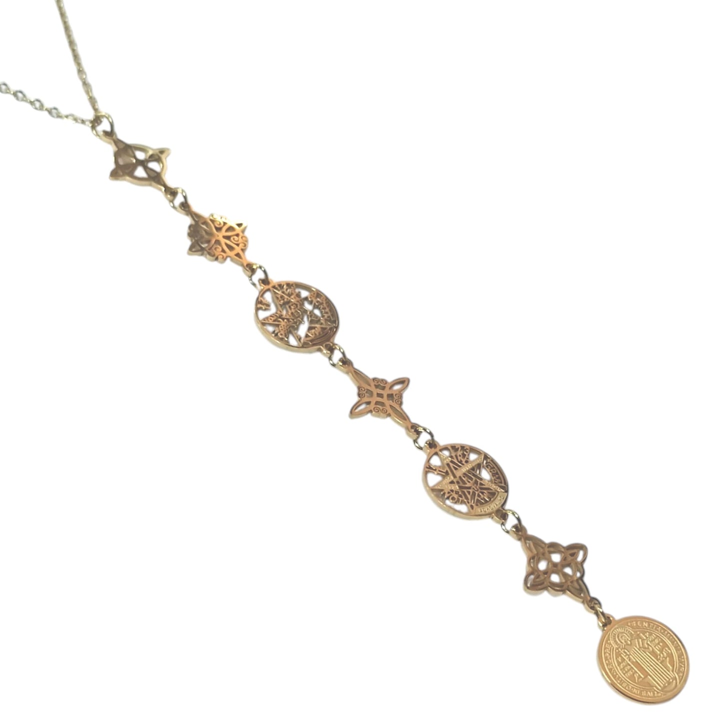 Collar Acero Dorado Simbolos Nudo De Bruja Tetragramaton Y san Benito 11 Cms Cadena 40+5 Cms 400503423-08
