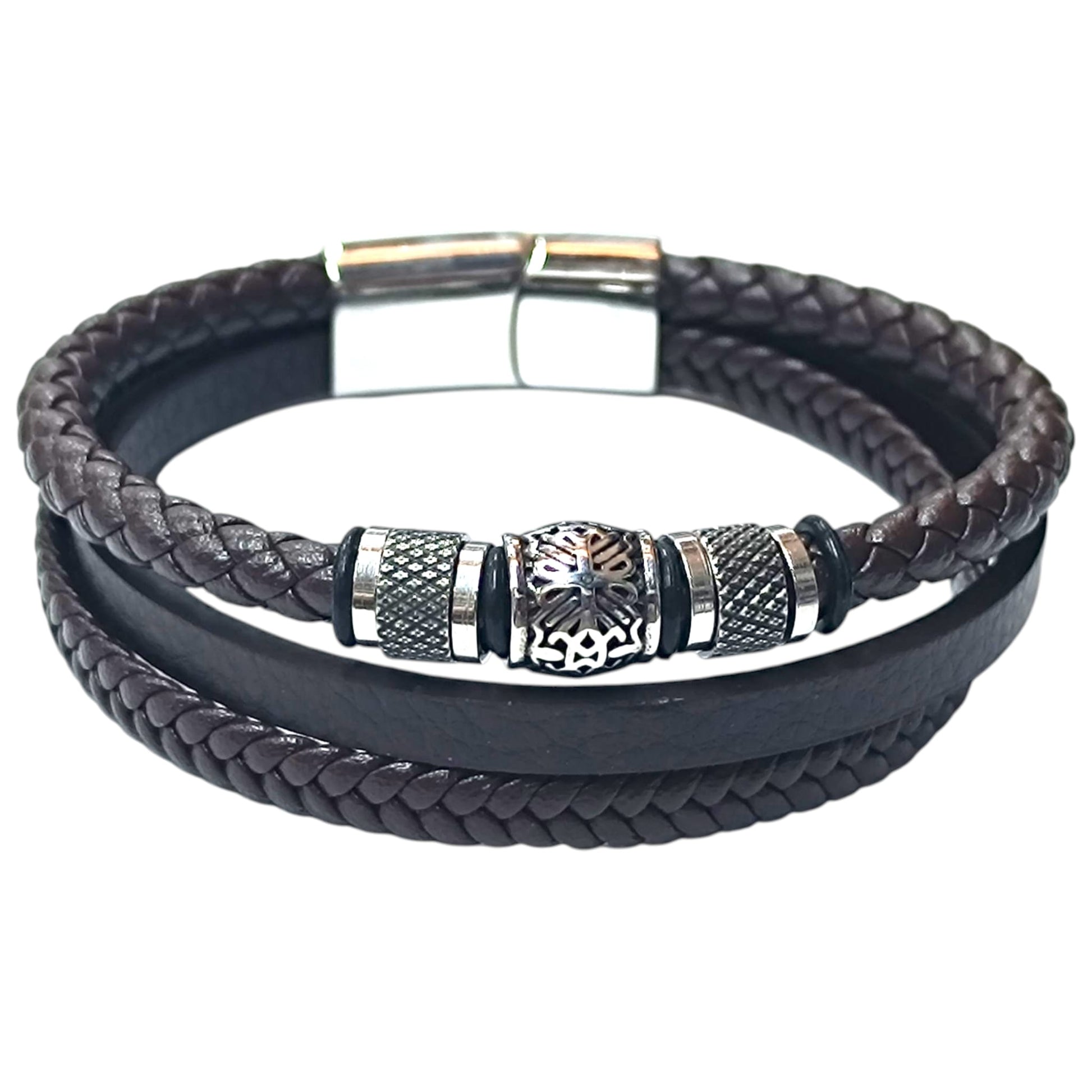 Pulsera Acero Y Cuero Marron Largo 22 Cms Aprox 401104257-004