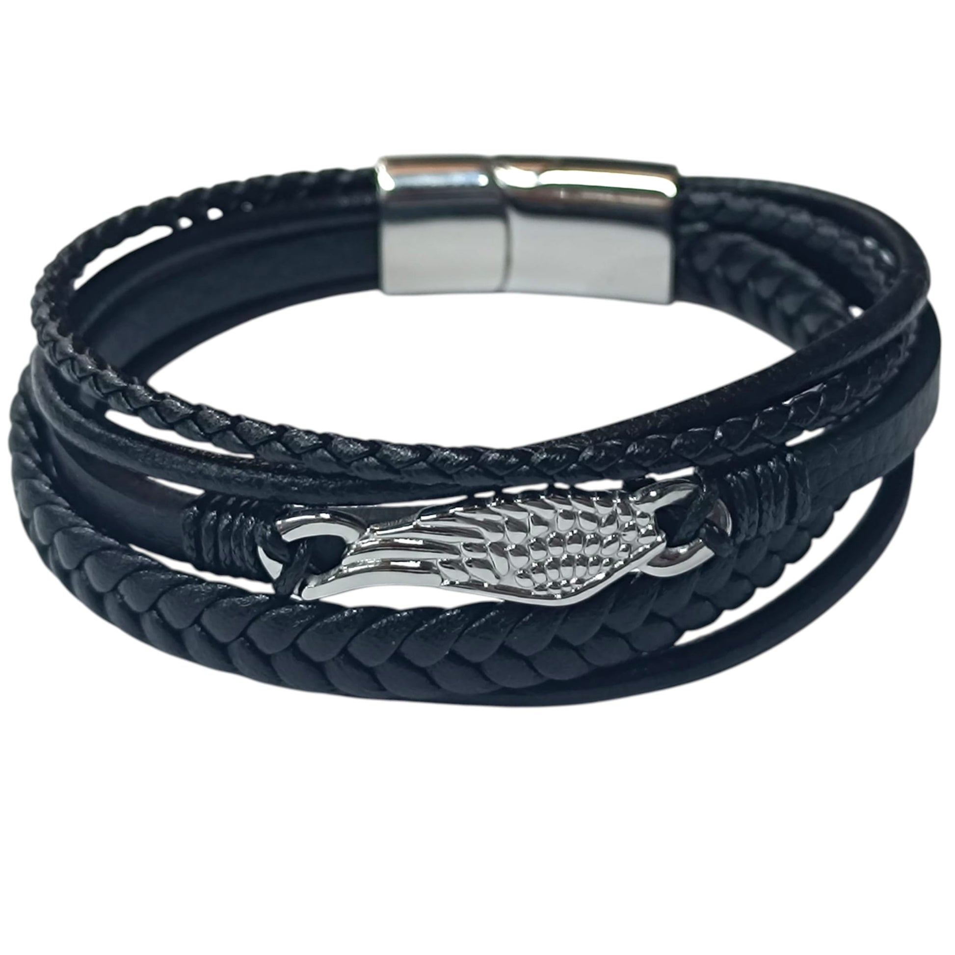 Pulsera Acero Y Cuero Negro Largo 22 Cms Aprox 401104257-21