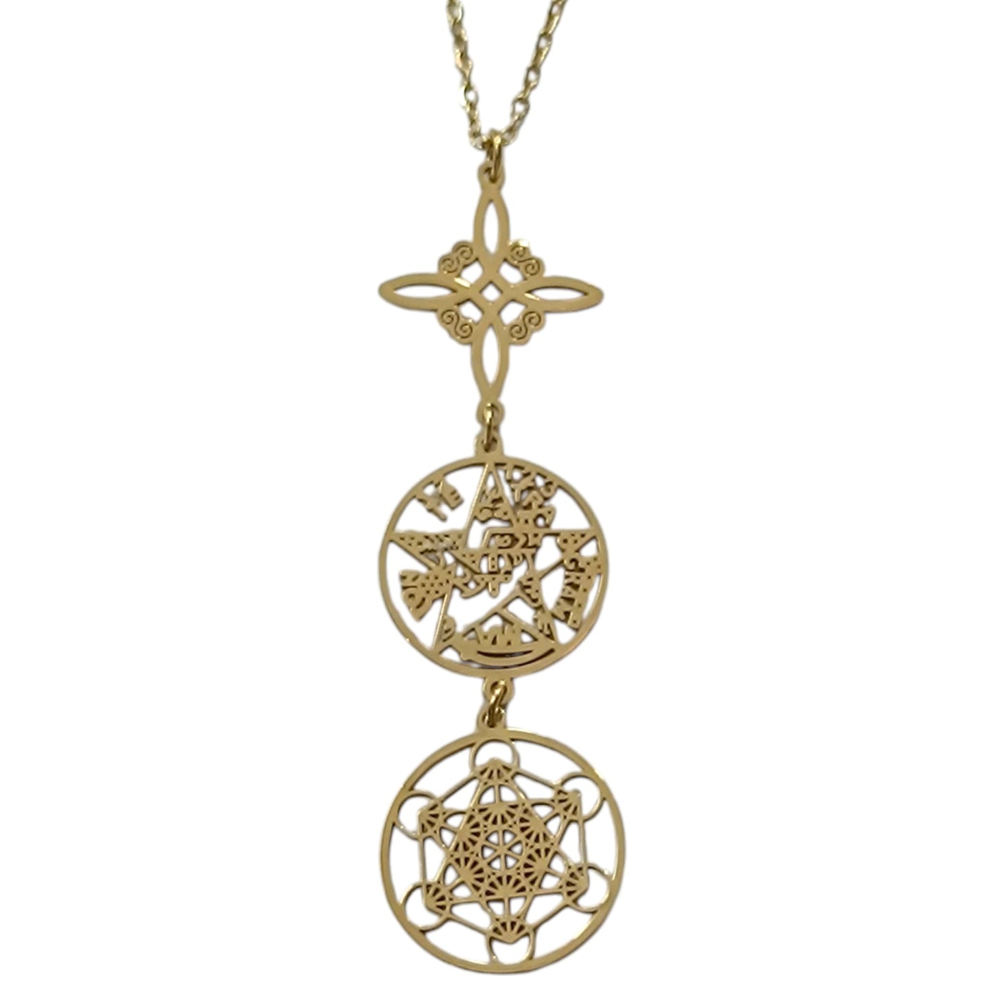 Collar Acero Dorado Simbolo Nudo De Bruja Tetragramaton Y Metatron Cadena 40+5 Cms REF:400503423-10