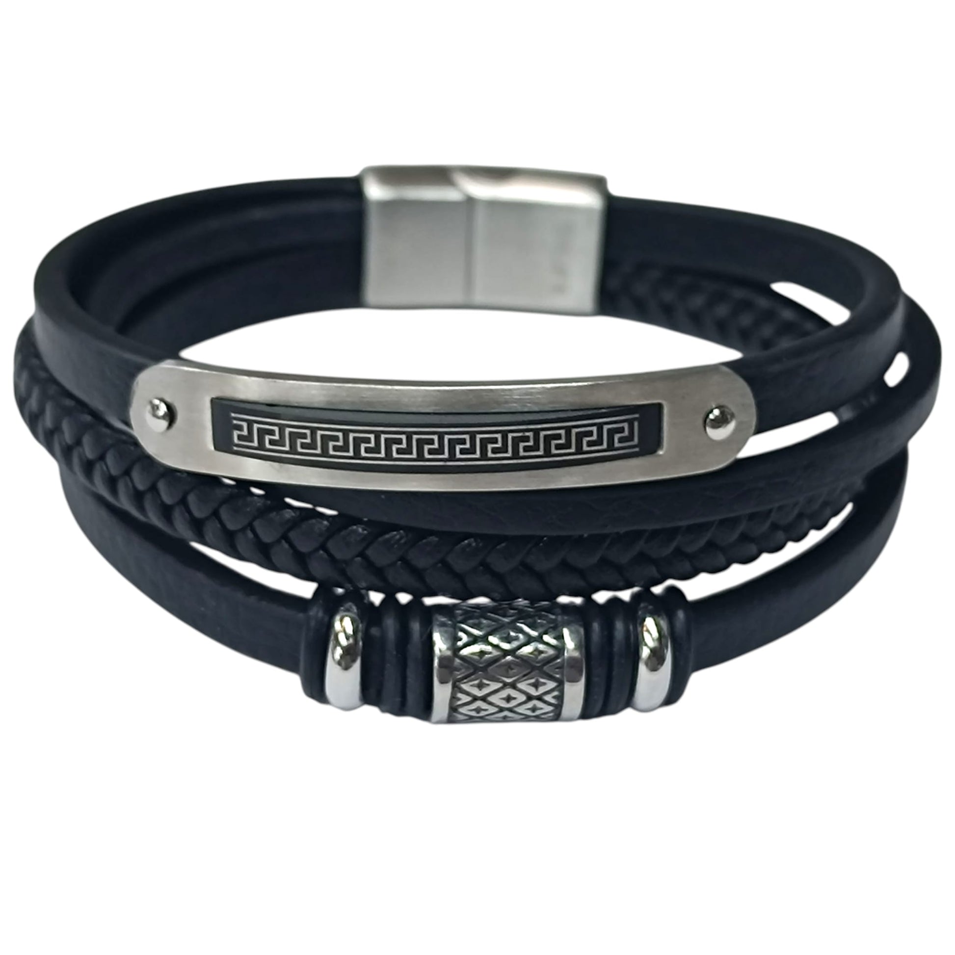 Pulsera Acero Y Cuero Negro Largo 22 Cms Aprox 401104257-49