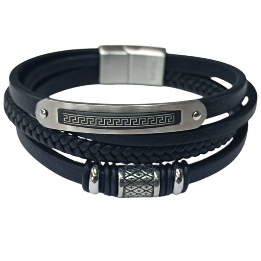 Pulsera Acero Y Cuero Negro Largo 22 Cms Aprox 401104257-49